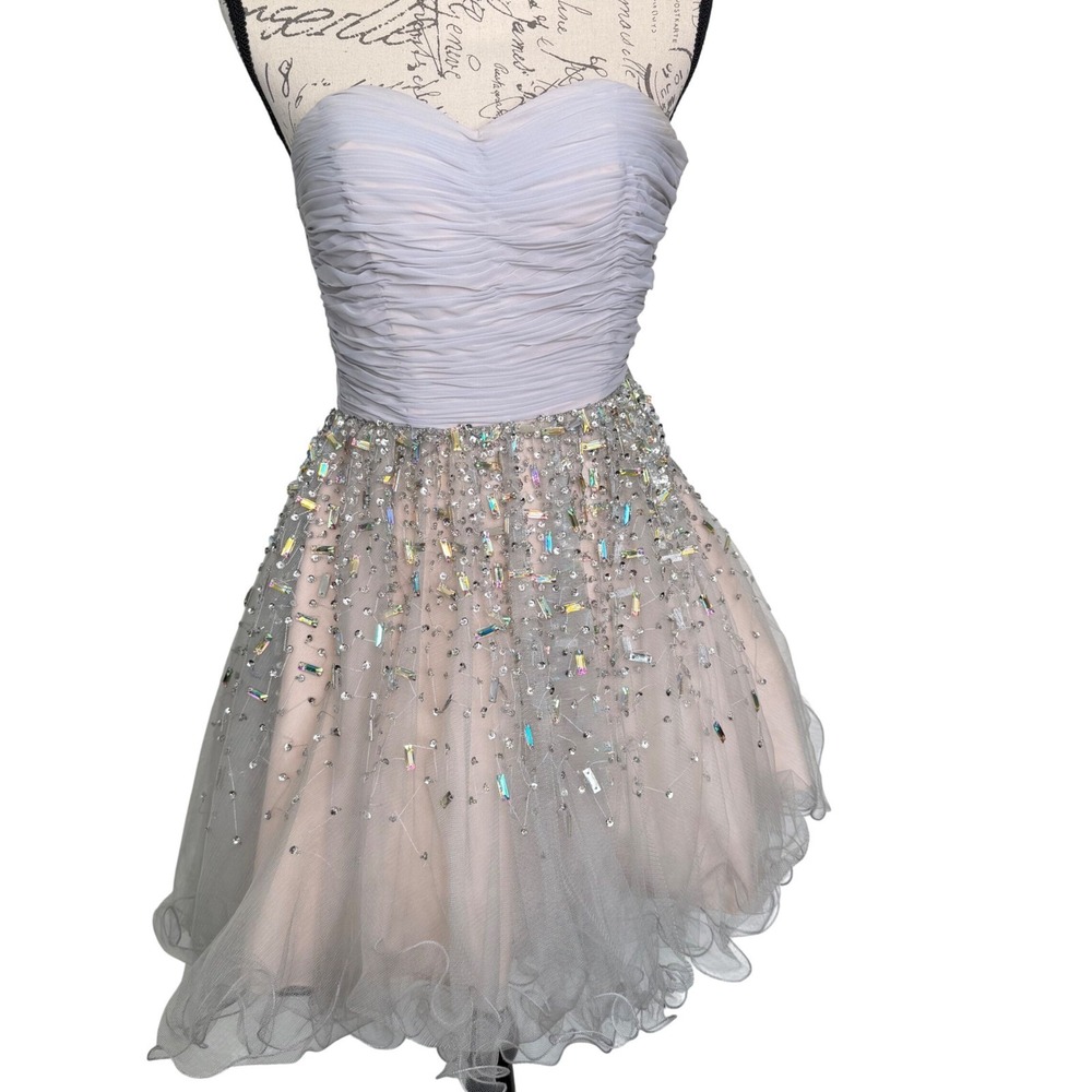 Terani Couture Strapless Ruched Tulle Mini Dress Grey Iridescent‎ Crystal Size 0